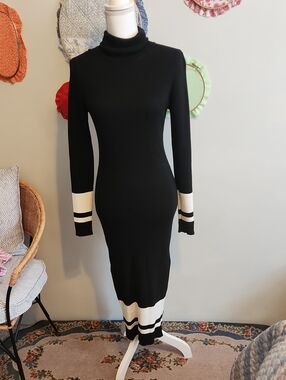 Black Knit Turtleneck Midi Dress with Ivory Contrast